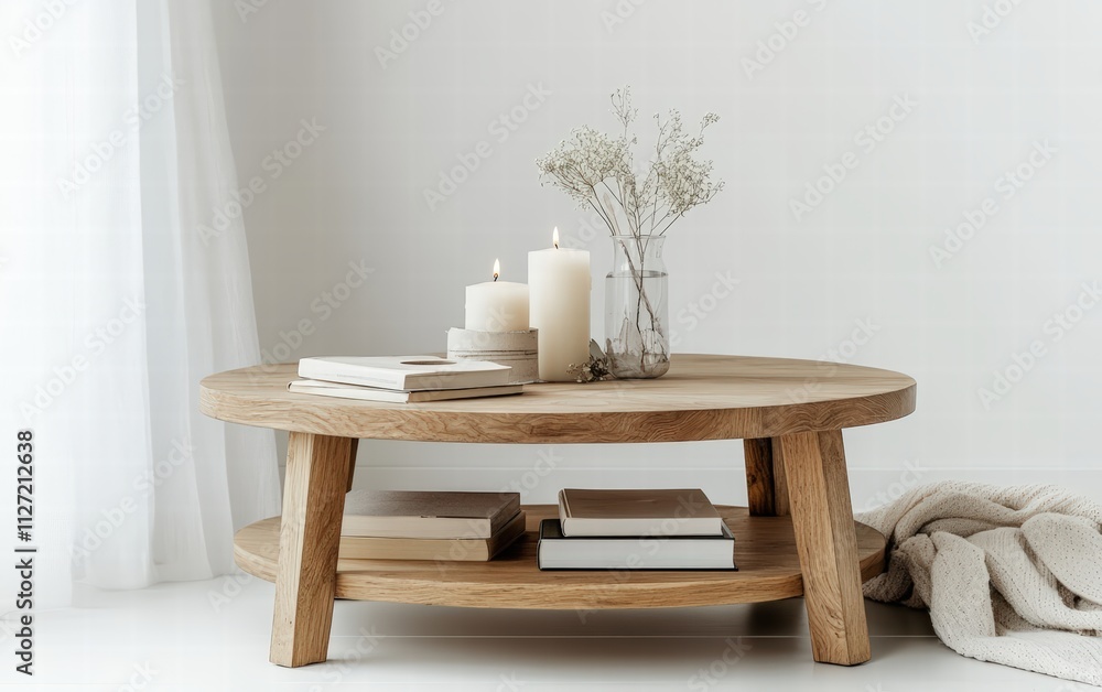 A small round wooden coffee table with candles and books on bright and clean white background A small round wooden coffee table with candles and books on bright and clean white background