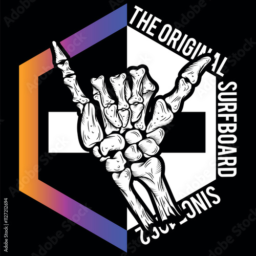 Illustration of a hand in bones making the surfer sign, accompanied by elements alluding to the beach lifestyle, fun and vacations. Patch and stitching simulation holiday season.