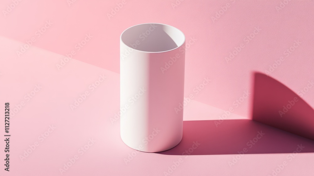 White cylinder on pink background, casting a shadow to the right, minimalistic and modern aesthetic with clean lines and soft color contrast. White cylinder on pink background, casting a shadow to the right, minimalistic and modern aesthetic with clean lines and soft color contrast.