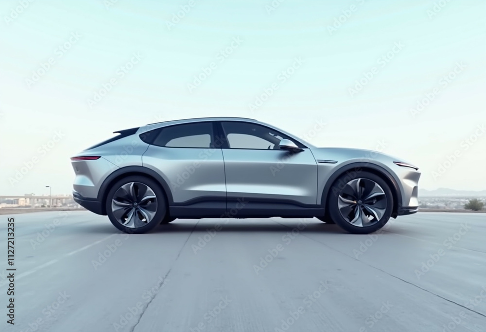Sleek silver electric SUV, side profile view showcasing modern design and clean lines. Sleek silver electric SUV, side profile view showcasing modern design and clean lines.