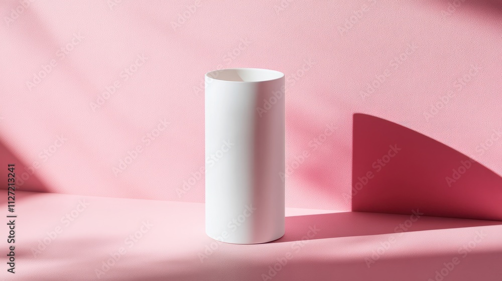 White cylinder on pink background, casting a shadow to the right, minimalistic and modern aesthetic with clean lines and soft color contrast. White cylinder on pink background, casting a shadow to the right, minimalistic and modern aesthetic with clean lines and soft color contrast.