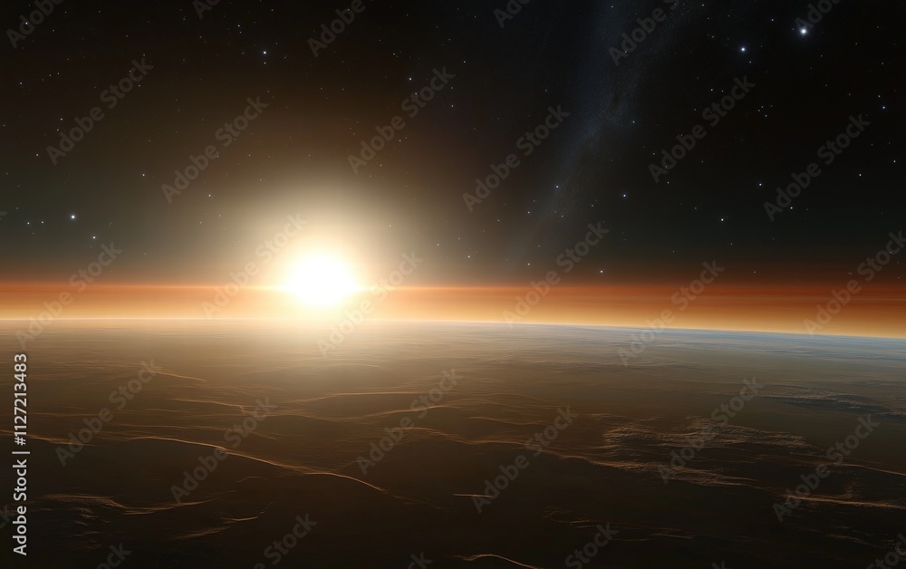 The Earths curvature with a bright sunrise emerging over the horizon and a backdrop of distant stars The Earths curvature with a bright sunrise emerging over the horizon and a backdrop of distant stars