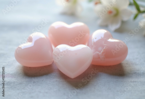 Four pink heart-shaped stones arranged on a soft surface, surrounded by delicate white flowers.
