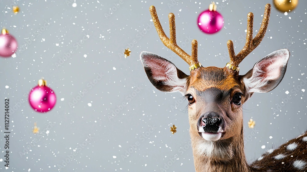 Cute Deer with Glitter Antlers Surrounded by Colorful Ornaments Cute Deer with Glitter Antlers Surrounded by Colorful Ornaments