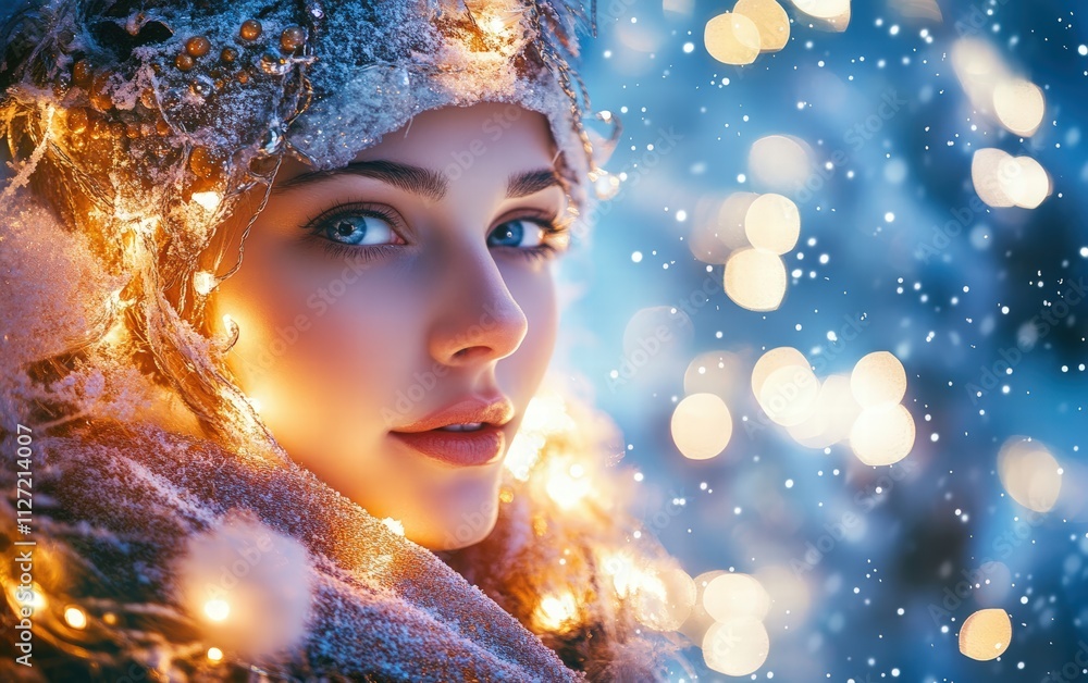 A festive portrait of a woman dressed as a snow maiden with a glowing background of twinkling lights A festive portrait of a woman dressed as a snow maiden with a glowing background of twinkling lights