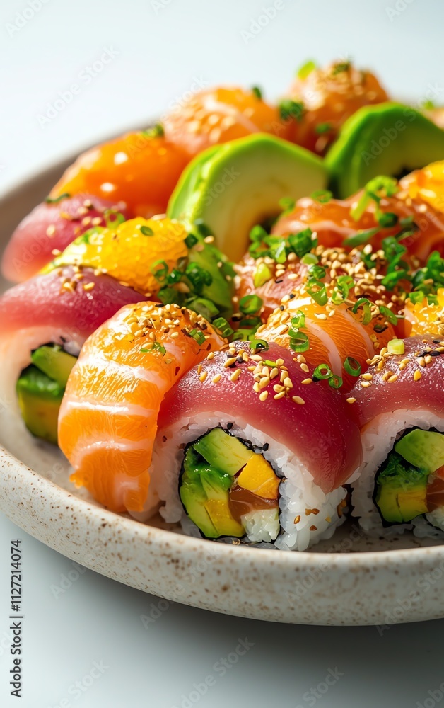 Colorful sushi rolls with fresh fish and vibrant toppings on a plate. Colorful sushi rolls with fresh fish and vibrant toppings on a plate.