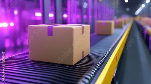 Wallpaper Mural A cardboard box is moving along a conveyor belt in a modern warehouse, illuminated by vibrant purple lights, creating a dynamic and futuristic ambiance. Torontodigital.ca