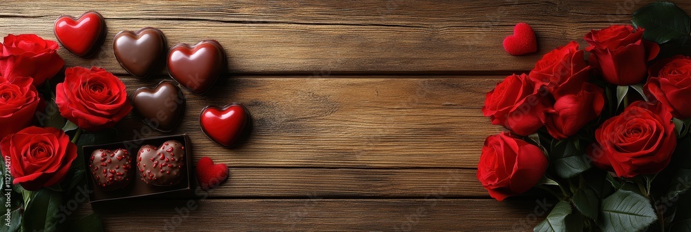 Elegant red roses with heart-shaped chocolates arranged on a rustic wooden table Elegant red roses with heart-shaped chocolates arranged on a rustic wooden table