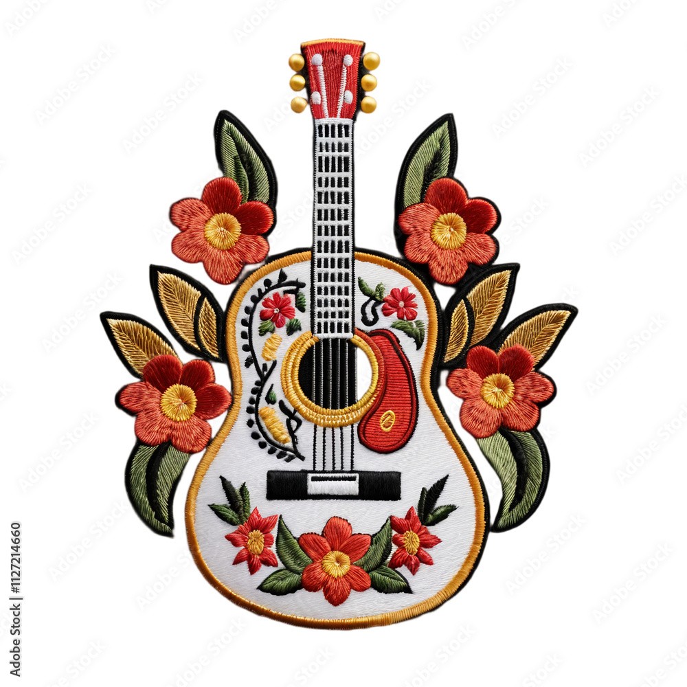 Colorful embroidered guitar surrounded by vibrant flowers with a transparent background Colorful embroidered guitar surrounded by vibrant flowers with a transparent background