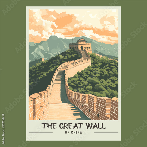 The Great Wall of China Retro Travel Style Poster Stock Vector