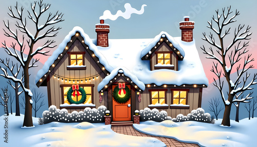 Cozy Snow-Covered Holiday House with Festive Decorations