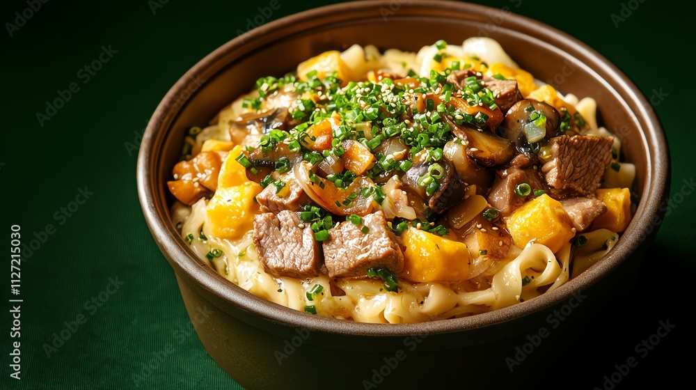 Delicious bowl of pasta with beef, carrots, and herbs on a dark background. Delicious bowl of pasta with beef, carrots, and herbs on a dark background.