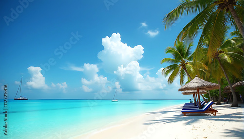 Chairs And Umbrella In Tropical Beach, turquoise ocean, crystal clear water, palm trees, thatched umbrella