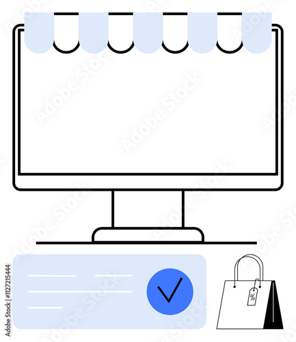 Computer displaying e-commerce website with awning, shopping bag, and checkmark. Ideal for online shopping, e-commerce, digital marketing, retail, store management, purchase confirmation