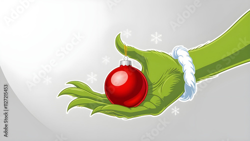 Festive Christmas Illustration of Green Hand Holding Red Ornament