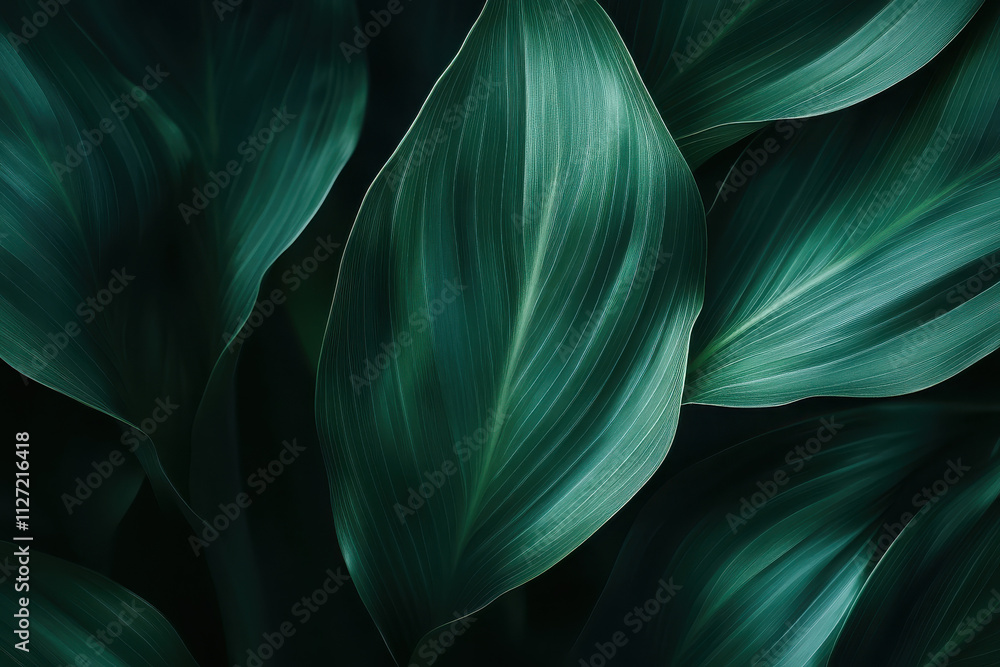 Close-up of lush green leaves with intricate textures and patterns against a dark background. Close-up of lush green leaves with intricate textures and patterns against a dark background.
