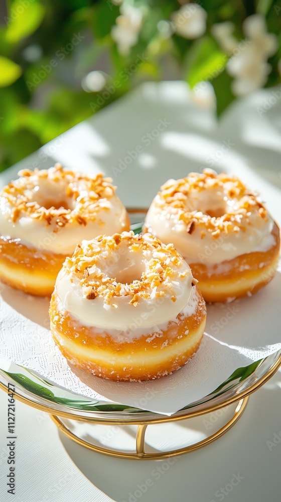 Delicious donuts with cream frosting and toppings on a decorative plate. Delicious donuts with cream frosting and toppings on a decorative plate.
