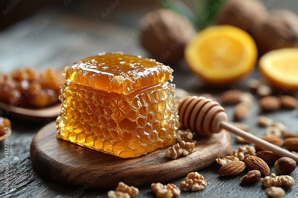 honeycomb, square of honey, with a honey stick on a light background, with space for text honeycomb, square of honey, with a honey stick on a light background, with space for text