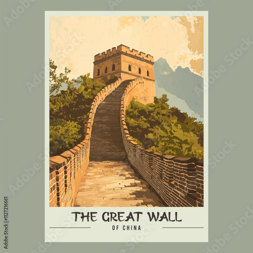 The Great Wall of China Retro Travel Style Poster Stock Vector