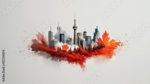The Canadian flag blends with an urban skyline and autumn hues in this artistic piece