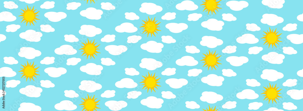 Obraz premium Seamless repeating pattern of sun and cloud motifs. Cartoon-like shapes with rounded edges for a playful aesthetic. For children's designs, curtains, bedding, clothing, wallpaper, room decoration.