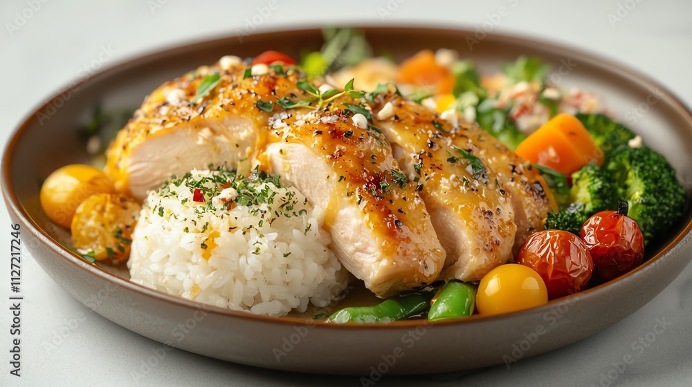 Delicious grilled chicken with rice and colorful vegetables on a plate. Delicious grilled chicken with rice and colorful vegetables on a plate.