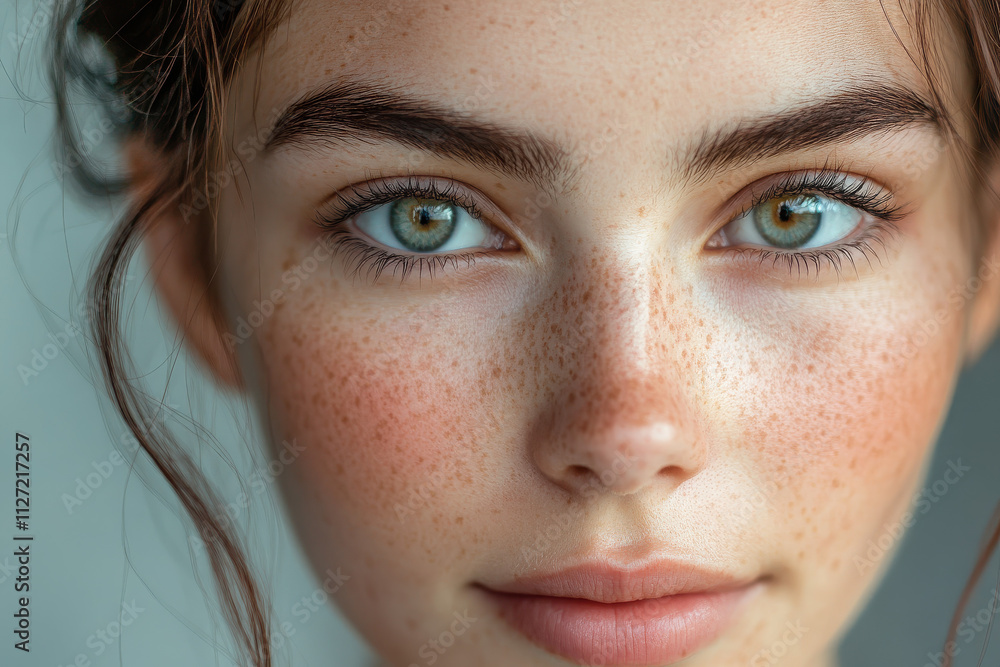 Close-up portrait of a young person with striking green eyes and freckles. Close-up portrait of a young person with striking green eyes and freckles.