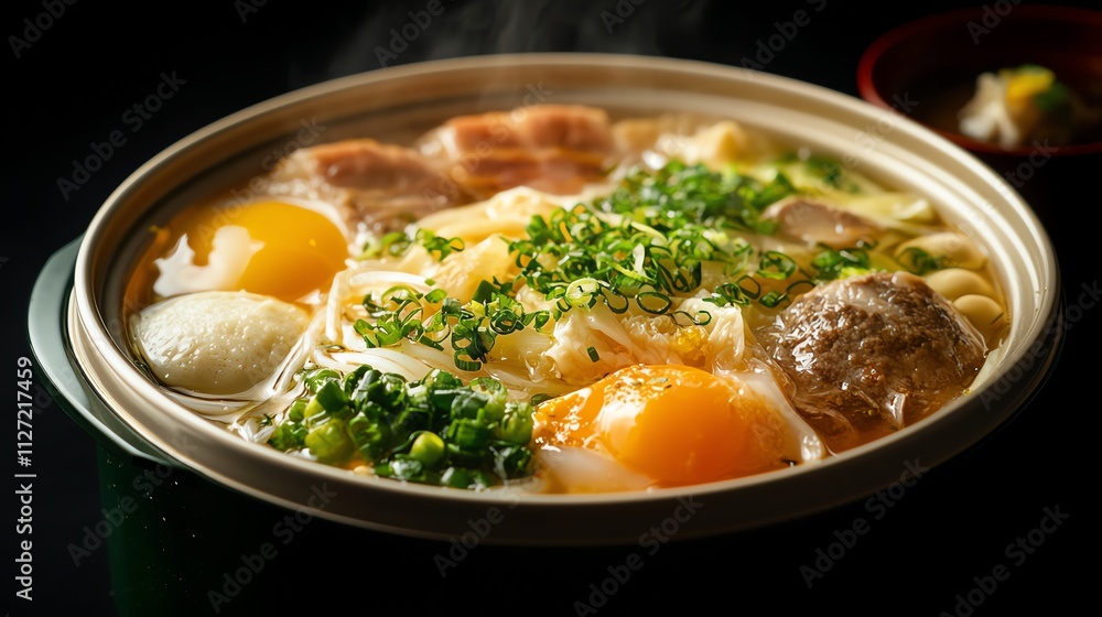 Delicious hot pot stew with eggs, vegetables, and meat, steam rising. Delicious hot pot stew with eggs, vegetables, and meat, steam rising.