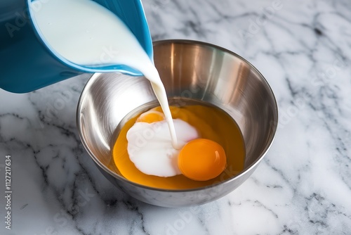 A photo of milk being poured into a bowl with a cracked raw egg on a marble background photo