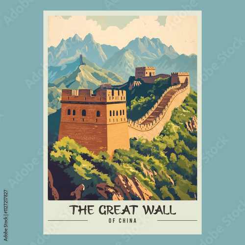 The Great Wall of China Retro Travel Style Poster Stock Vector