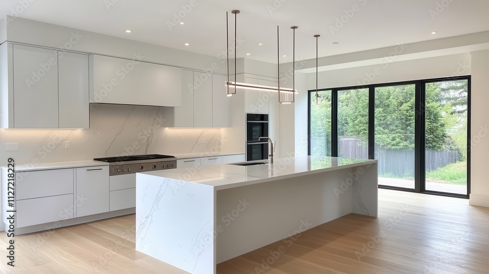 Fototapeta premium Luxury Minimalist Kitchen with Handleless Cabinets and Waterfall Island