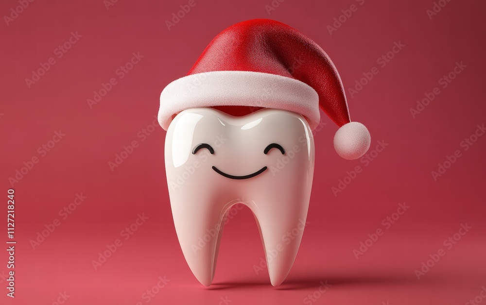 A set of shiny white teeth wearing a Santa hat in a fun, festive dental-themed design A set of shiny white teeth wearing a Santa hat in a fun, festive dental-themed design