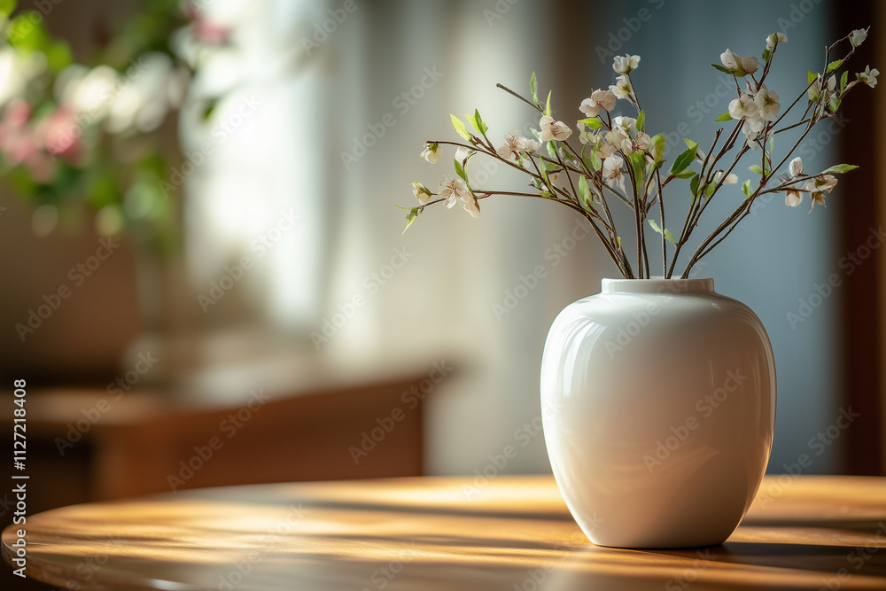 Obraz premium Elegant white vase with delicate blossoms on sunlit wooden table
