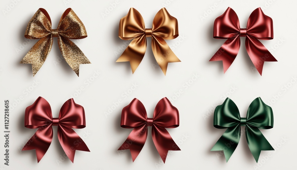 Assorted shiny bows in red green and gold on a clean white background ideal for seasonal promotions gift wrapping concepts and festive designs Assorted shiny bows in red green and gold on a clean white background ideal for seasonal promotions gift wrapping concepts and festive designs