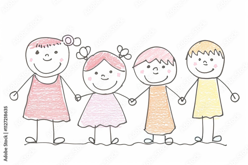 Colorful childlike drawing of four smiling children holding hands. Colorful childlike drawing of four smiling children holding hands.