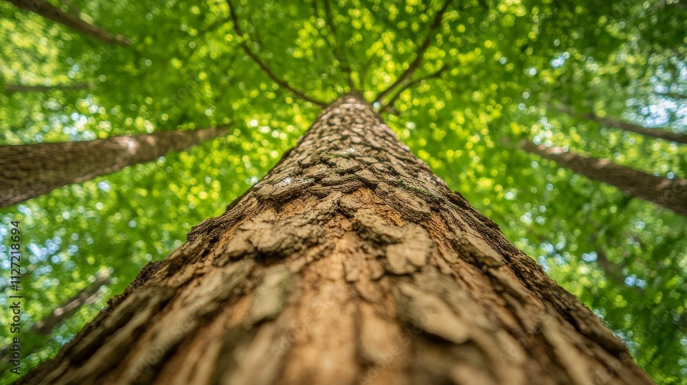 A towering tree viewed from below, showcasing vibrant green leaves and textured bark. A towering tree viewed from below, showcasing vibrant green leaves and textured bark.