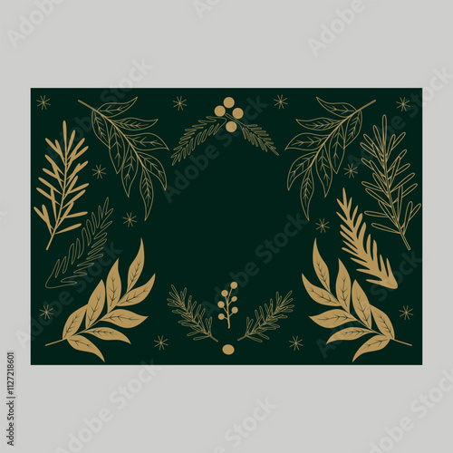 Golden Christmas and New Year typography on a dark green, Christmas background with floral elements. A Christmas greeting card.
