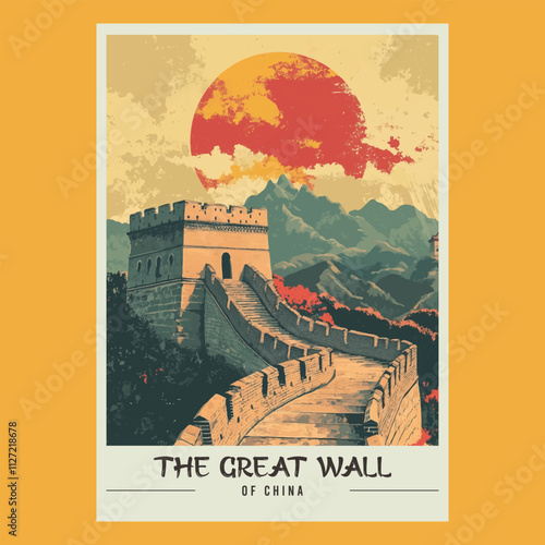 The Great Wall of China Retro Travel Style Poster Stock Vector