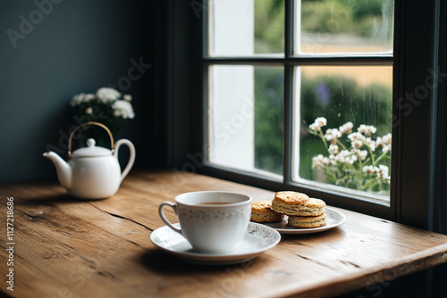 Cozy tea time with cookies beside a sunny window