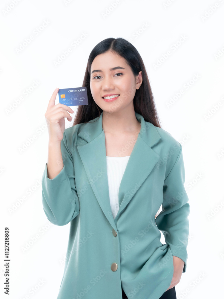 Confident young woman smiling and holding a credit card, dressed in a stylish green blazer, isolated on a white background, representing financial services, online shopping or modern business concepts Confident young woman smiling and holding a credit card, dressed in a stylish green blazer, isolated on a white background, representing financial services, online shopping or modern business concepts