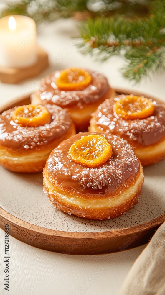 Delicious orange-topped doughnuts on a wooden plate in a cozy setting. Delicious orange-topped doughnuts on a wooden plate in a cozy setting.
