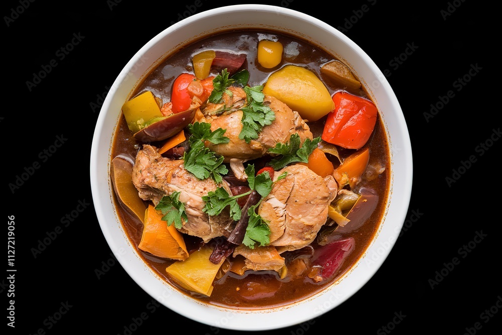 a bowl of stew with chicken meat and vegetables a bowl of stew with chicken meat and vegetables