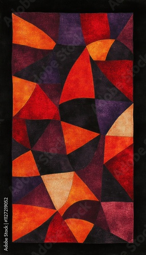 Wallpaper Mural A geometric abstract rug featuring vibrant red, orange, and purple shapes on a black background. Torontodigital.ca
