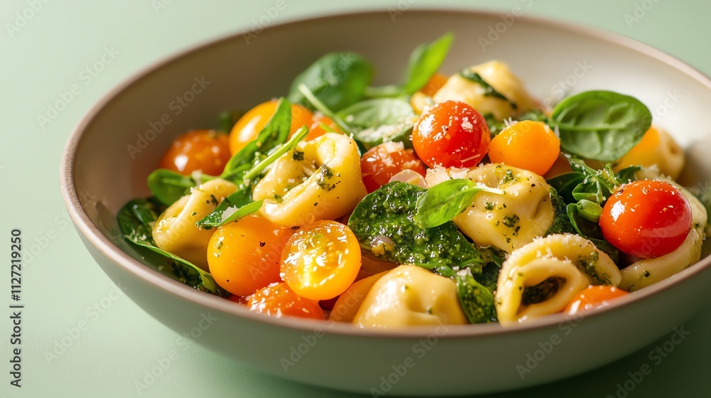 Delicious pasta salad with tomatoes and spinach in a bowl. Delicious pasta salad with tomatoes and spinach in a bowl.