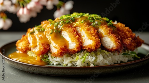 Wallpaper Mural Delicious plate of crispy chicken served with rice and green sauce. Torontodigital.ca