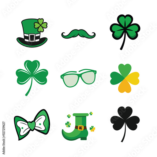 st patrick day vector art. happy st patrick day vector elenments bow, tie, shamrock, sunglass, hat, leaf design.