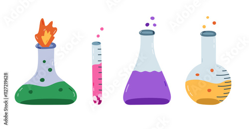 Cute cartoon set with laboratory beaker with fire, chemical solution, reagent and bubble. Flat-bottomed, round flask, glassware, tube for scientific, chemistry experiment. Hand drawn lab equipment.