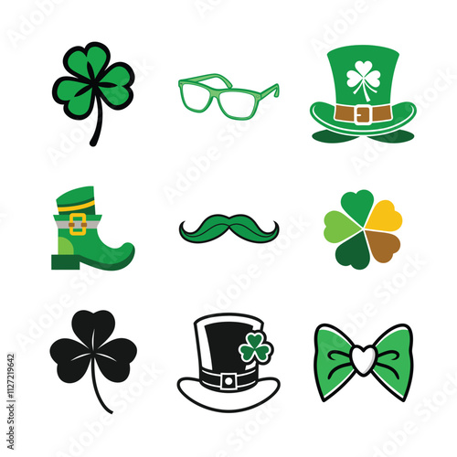 st patrick day vector art isolated on white background. happy st patrick day vector elenments bow, tie, shamrock, sunglass, hat, leaf design.