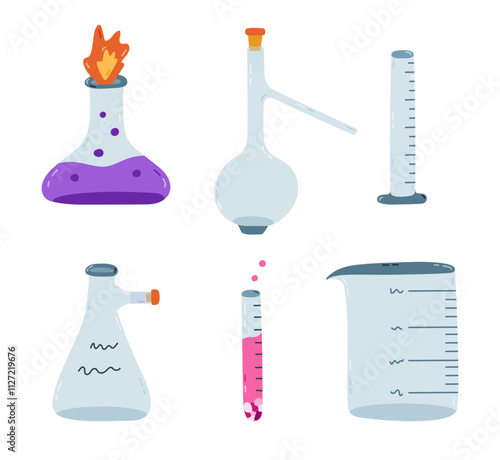 Cute cartoon set with empty and full of chemical solution laboratory beaker. Flat-bottomed, round flask, glassware, tube for scientific experiment, chemistry test. Hand drawn lab equipment isolated.