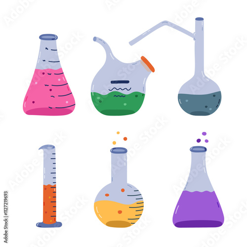 Cute cartoon set with laboratory beaker with chemical solution, reagent and bubble. Flat-bottomed, round flask, glassware, tube for scientific, chemistry experiment. Hand drawn isolated lab equipment.